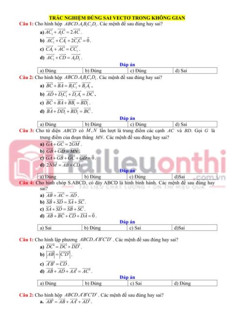 15 Bài Tập Trắc Nghiệm Đúng Sai Vectơ Trong Không Gian Toán 12