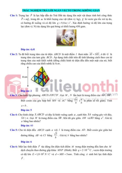20 Bài Tập Trả Lời Ngắn Vectơ Trong Không Gian Toán 12
