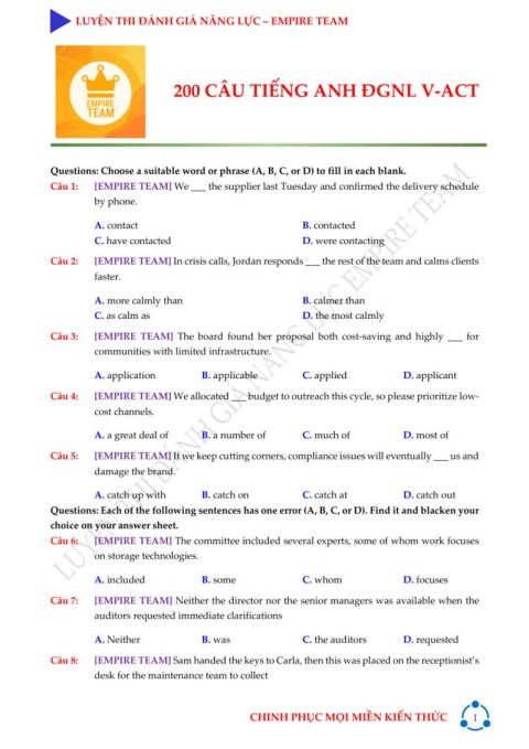 200 Câu Tiếng Anh ĐGNL V-ACT – Empire Team