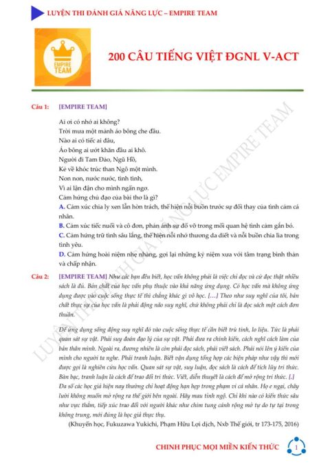 200 Câu Tiếng Việt ĐGNL V-ACT – Empire Team