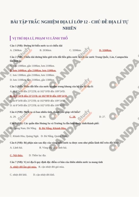 200 Câu Trắc Nghiệm Địa Lí Lớp 12 Chủ Đề Địa Lí Tự Nhiên – QANDA STUDY