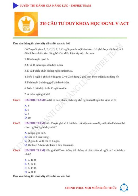 200 CÂU TƯ DUY KHOA HỌC ĐGNL V-ACT – Empire Team
