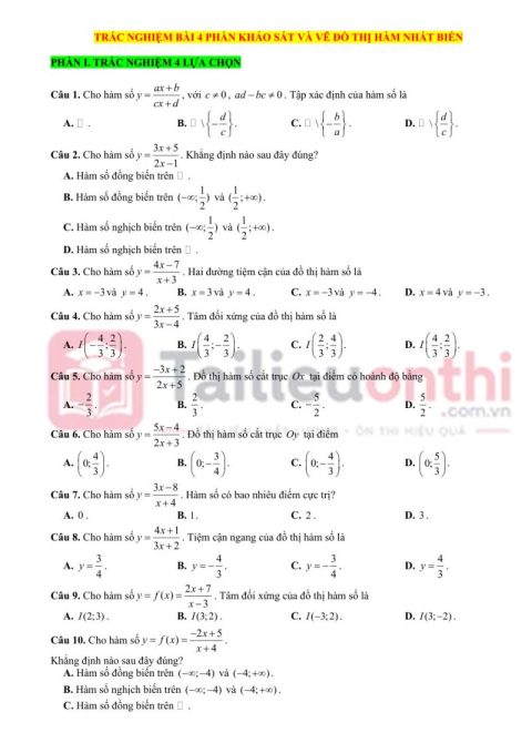30 Câu Trắc Nghiệm Phần Khảo Sát Hàm Nhất Biến Toán 12 – Thông Hiểu