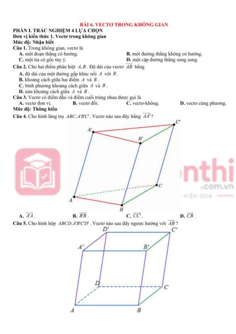 50 Câu Trắc Nghiệm Bài 6 Vectơ Trong Không Gian Toán 12