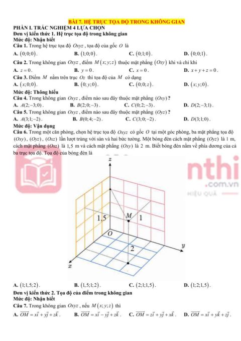 50 Câu Trắc Nghiệm Bài 7 Hệ Trục Tọa Độ Trong Không Gian Toán 12
