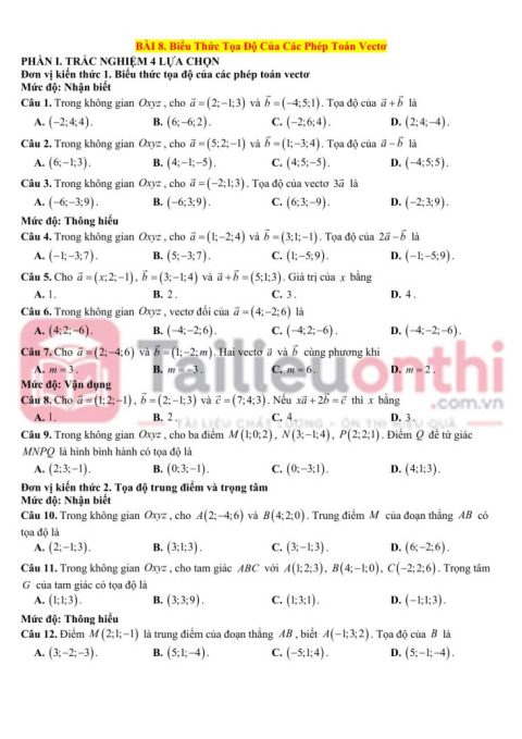 50 Câu Trắc Nghiệm Bài 8 Biểu Thức Tọa Độ Của Các Phép Toán Vectơ Toán 12