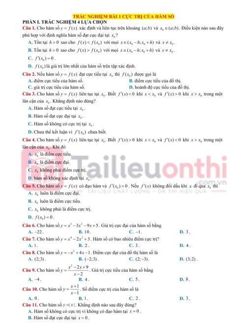 50 Câu Trắc Nghiệm Cực Trị Của Hàm Số Toán 12 – Thông Hiểu