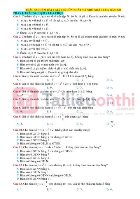 50 Câu Trắc Nghiệm GTLN Và GTNN Của Hàm Số Toán 12 – Thông Hiểu