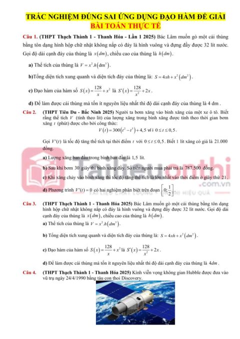 60 Câu Trắc Nghiệm Đúng Sai Ứng Dụng Đạo Hàm Để Giải Toán Thực Tế 12