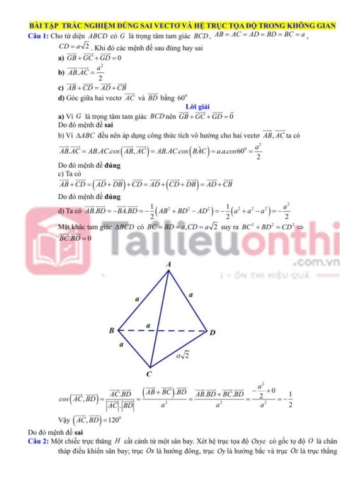 70 Bài Tập Trắc Nghiệm Đúng Sai Vectơ Và Hệ Trục Tọa Độ Trong Không Gian Toán 12