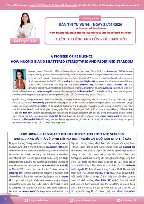 Bản Tin Từ Vựng – How Huong Giang Shattered Stereotypes and Redefined Stardom – Cô Phạm Liễu
