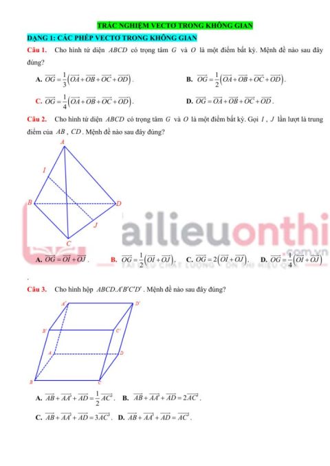 Các Dạng Bài Tập Trắc Nghiệm Vectơ Trong Không Gian Toán 12