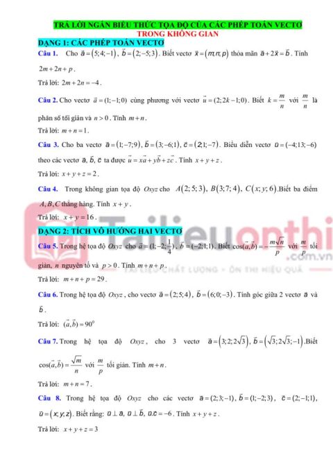 Các Dạng Câu Trả Lời Ngắn Biểu Thức Tọa Độ Các Phép Toán Vectơ Toán 12