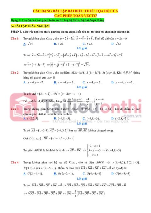 Các Dạng Toán Bài Biểu Thức Tọa Độ Của Các Phép Toán Vectơ Toán 12