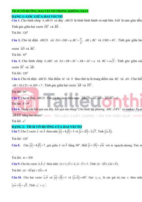 Các Dạng Toán Trả Lời Ngắn Tích Vô Hướng Của Hai Vectơ Trong Không Gian Toán 12