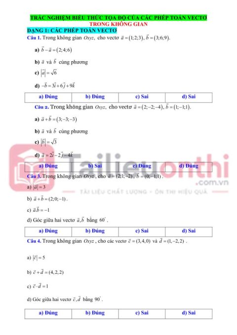 Các Dạng Trắc Nghiệm Đúng Sai Biểu Thức Tọa Độ Các Phép Toán Vectơ Toán 12