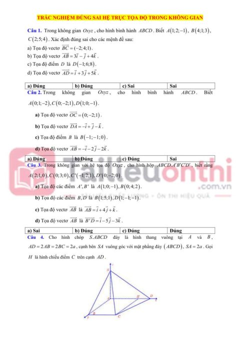 Các Dạng Trắc Nghiệm Đúng Sai Hệ Trục Tọa Độ Trong Không Gian Toán 12