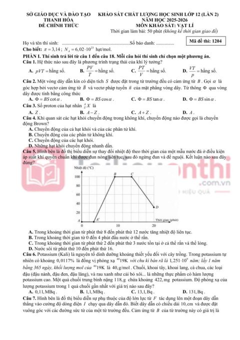 Đề Khảo Sát Chất Lượng Vật Lí 12 Năm 2025 – 2026 Lần 2 Sở GD&ĐT Thanh Hóa