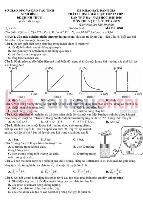 Đề Khảo Sát Chất Lượng Vật Lí 12 Năm 2025 – 2026 Lần 3 Sở GD&ĐT Ninh Bình