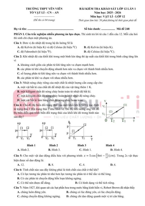 Đề Khảo Sát Vật Lí 12 Lần 1 Năm 2025 – 2026 Trường THPT Yên Viên – Hà Nội