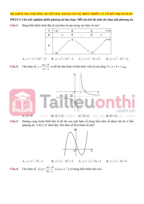 Đề Kiểm Tra Bài Khảo Sát Sự Biến Thiên Và Vẽ Đồ Thị Hàm Số Toán 12