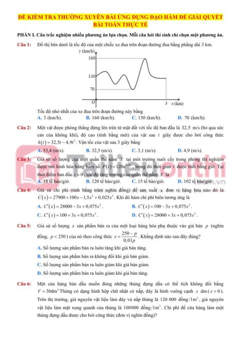 Đề Kiểm Tra Bài Ứng Dụng Đạo Hàm Để Giải Quyết Bài Toán Thực Tế 12