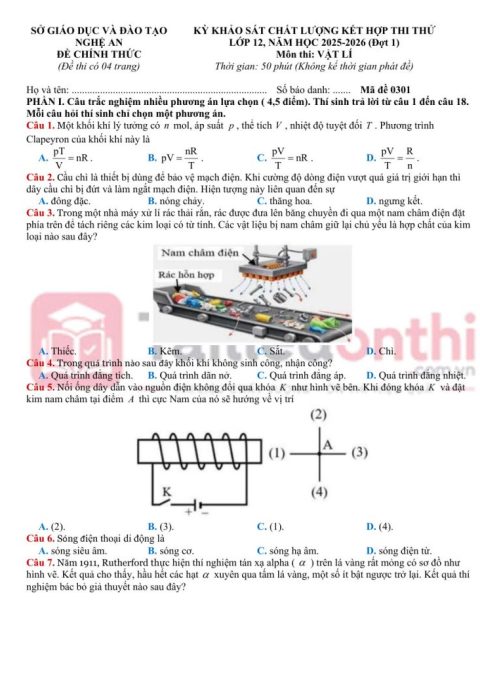 Đề KSCL Kết Hợp Thi Thử TN THPT 2026 Môn Vật Lí Đợt 1 Sở GD&ĐT Nghệ An