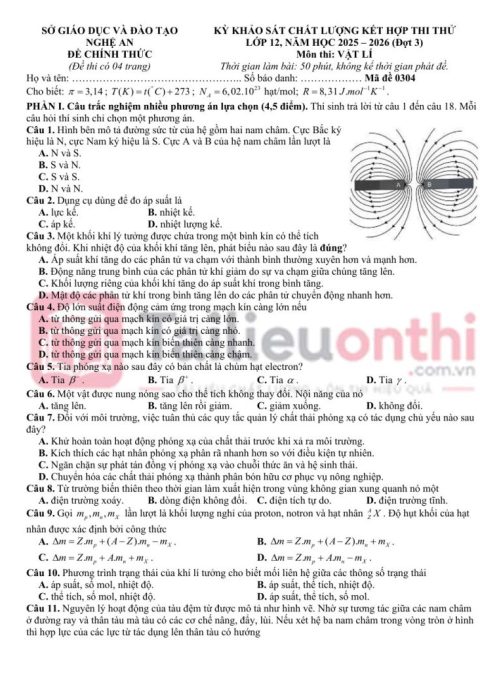 Đề KSCL Kết Hợp Thi Thử TN THPT 2026 Môn Vật Lí Lần 3 Sở GD&ĐT Nghệ An