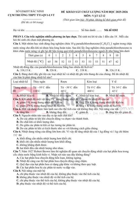 Đề KSCL Vật Lí 12 lần 1 năm 2025 – 2026 Liên trường THPT Bắc Ninh