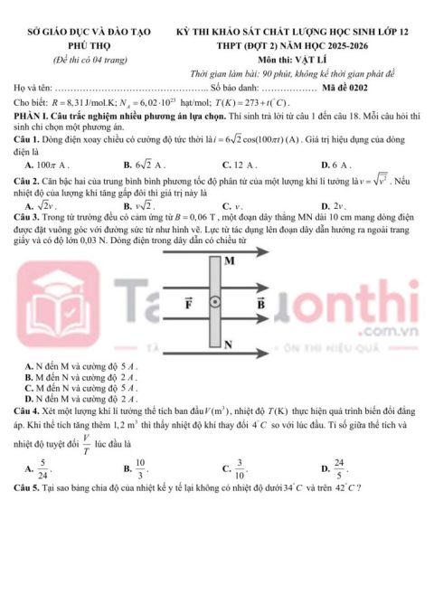 Đề Thi KSCL Vật Lí 12 Năm 2025 – 2026 Đợt 2 Sở GD&ĐT Phú Thọ