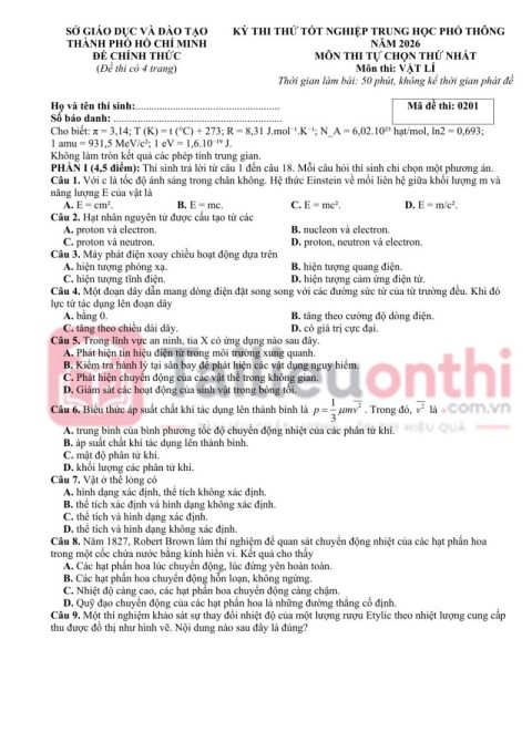 Đề thi thử TN THPT 2026 môn Vật Lí lần 1 sở GD&ĐT HCM