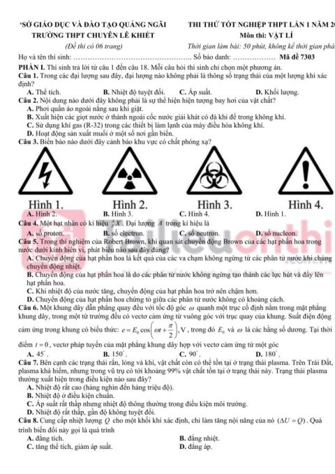 Đề Thi Thử TN THPT 2026 Môn Vật Lí Lần 1 Trường THPT Chuyên Lê Khiết – Quảng Ngãi