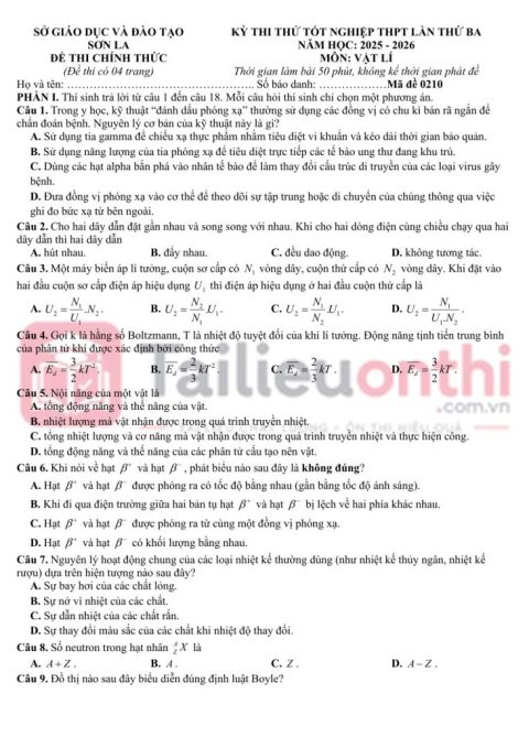 Đề Thi Thử TN THPT 2026 Môn Vật Lí Lần 3 Sở GD&ĐT Sơn La