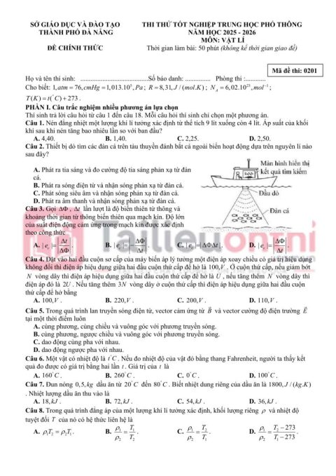 Đề Thi Thử TN THPT 2026 Môn Vật Lí Sở GD&ĐT Đà Nẵng