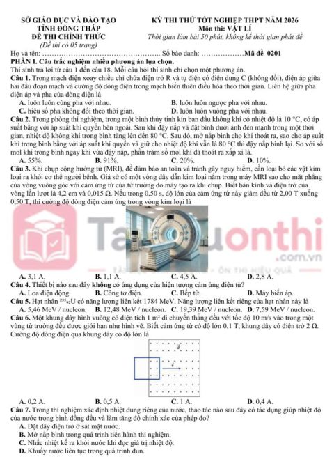 Đề Thi Thử TN THPT 2026 Môn Vật Lí Sở GD&ĐT Đồng Tháp