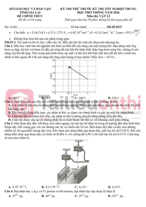 Đề Thi Thử TN THPT 2026 Môn Vật Lí Sở GD&ĐT Gia Lai