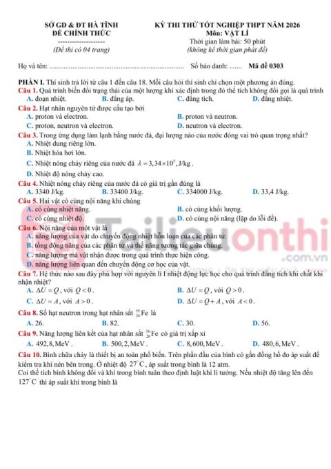 Đề Thi Thử TN THPT 2026 Môn Vật Lí Sở GD&ĐT Hà Tĩnh
