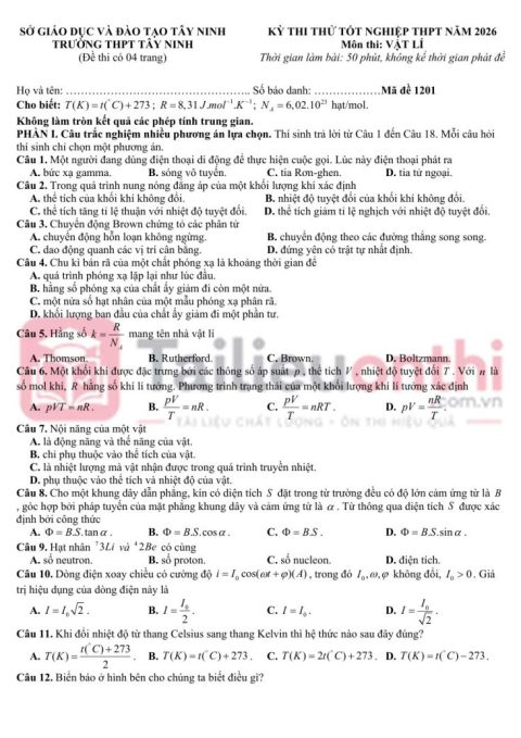 Đề Thi Thử TN THPT 2026 Môn Vật Lí Sở GD&ĐT Tây Ninh