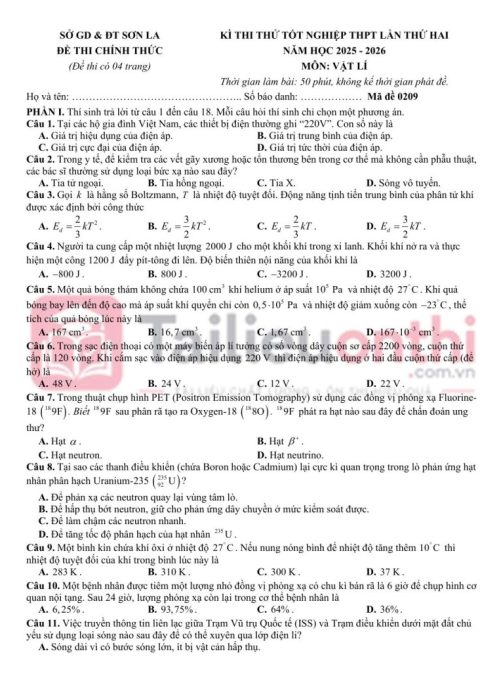 Đề Thi Thử TN THPT 2026 Môn Vật Lý Lần 2 Sở GD&ĐT Sơn La