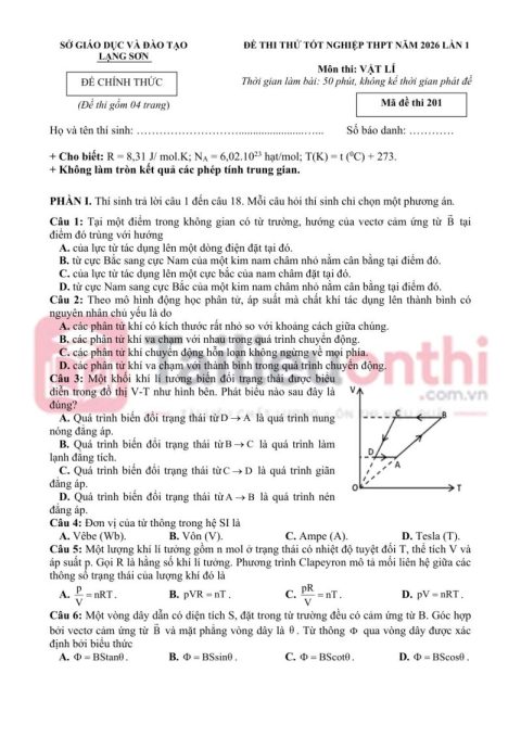 Đề Thi Thử Tốt Nghiệp THPT 2026 Môn Vật Lí Sở GD&ĐT Lạng Sơn