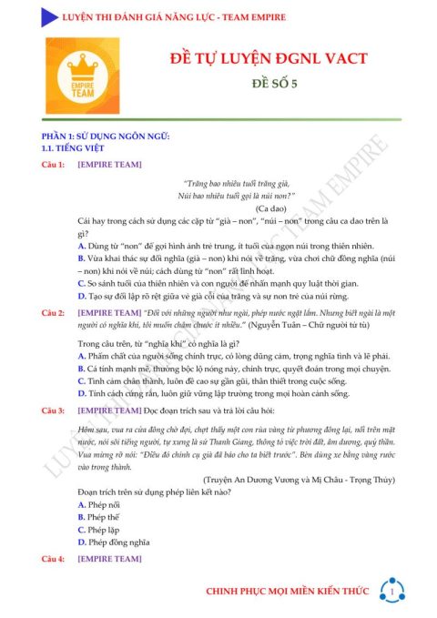 Đề Tự Luyện ĐGNL VACT Số 5 – Empire Team