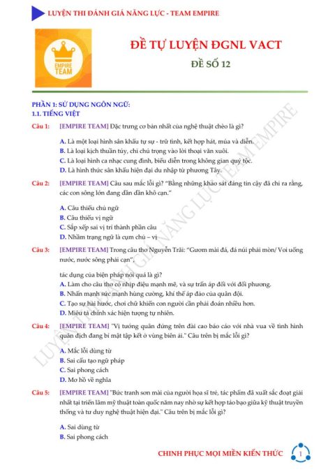 Đề Tự Luyện V-ACT Số 12 – Team Empire
