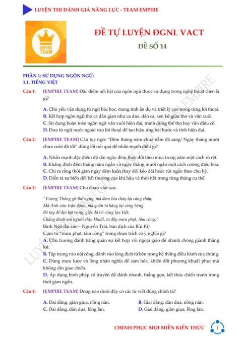 Đề Tự Luyện VACT Số 14 – 120 Câu Hỏi – Empire Team