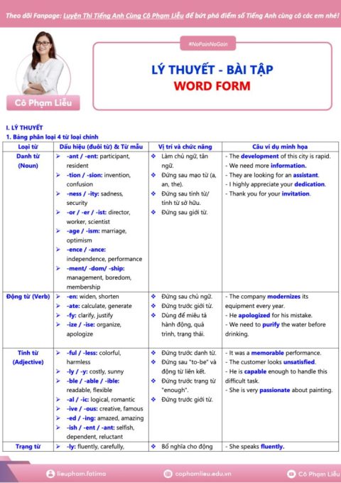 Lý Thuyết Word Form – Cô Phạm Liễu