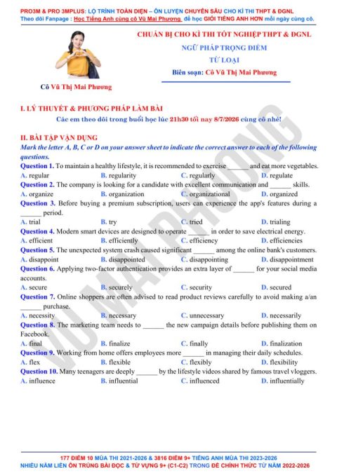 Ngữ pháp trọng điểm cho Kỳ thi THPT & ĐGNL 2027 – Từ loại – [Cô Vũ Mai Phương]
