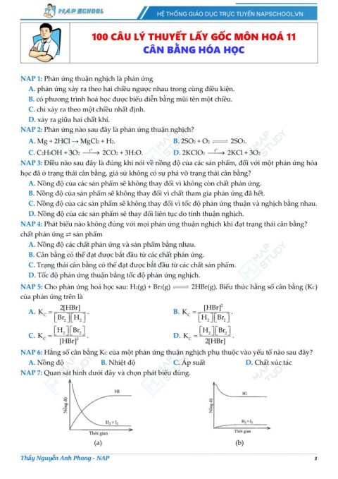 100 Câu Cân Bằng Hóa Học – Lớp 11 – Thầy Nguyễn Anh Phong
