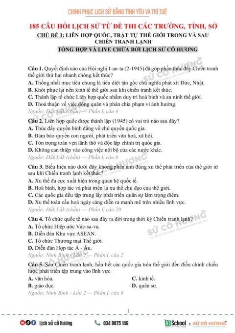 185 Câu Hỏi Lịch Sử Chuyên Đề 1 Liên Hợp Quốc, Trật Tự Thế Giới Trong Và Sau Chiến Tranh Lạnh – Lịch Sử Cô Hương